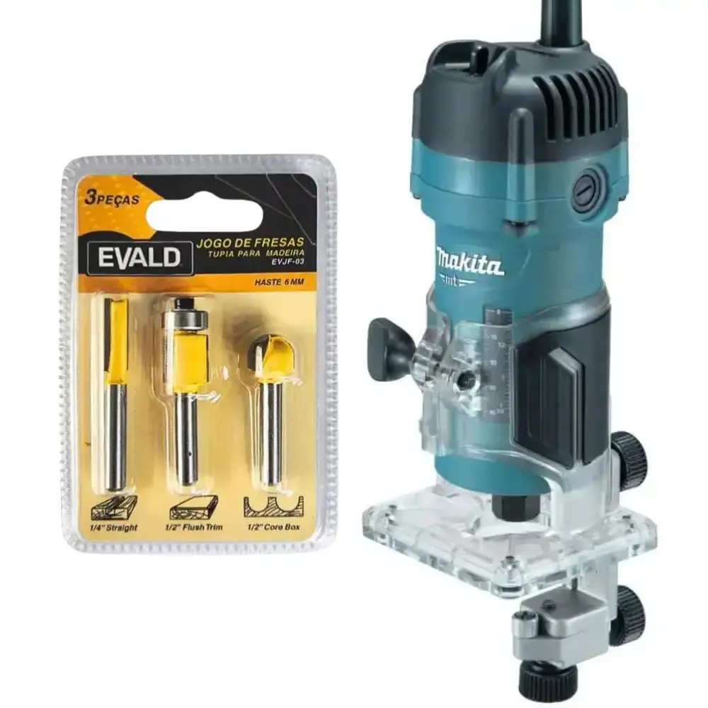 Tupia para laminado 6MM 530W makita com jogo de fresas para madeira 6 MM 3 peças evald 220 V Makita MT — fotografia de referência