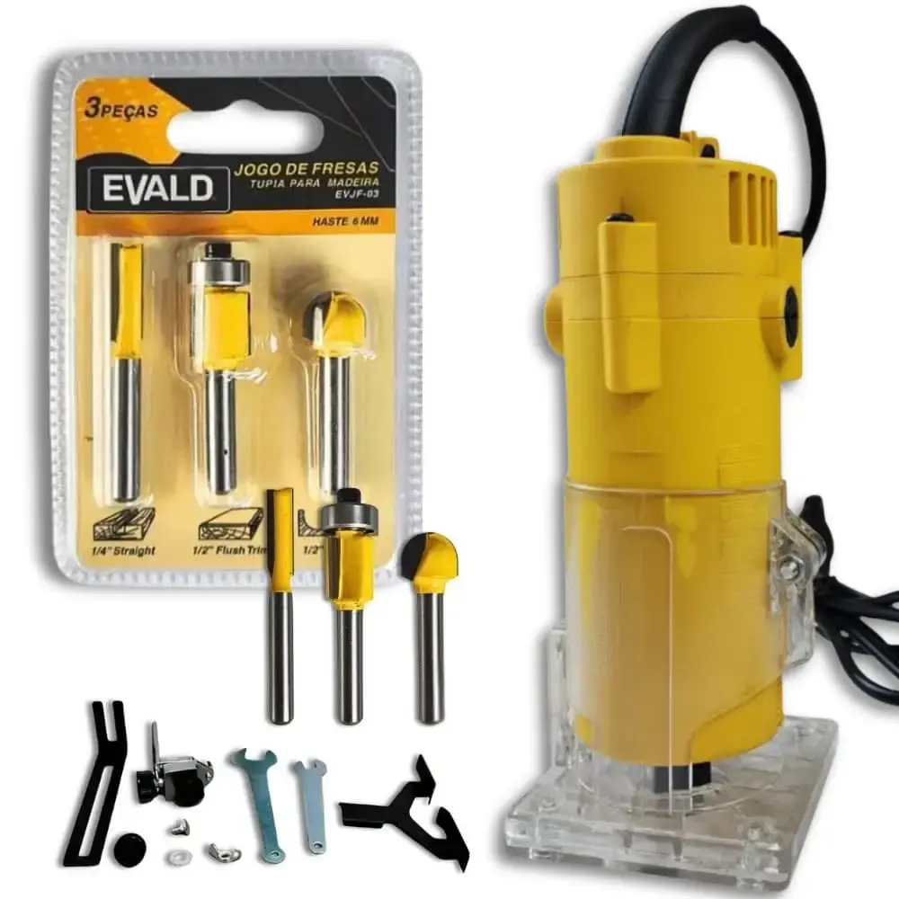 Tupia 6 MM 650W EVTUP110/220 com kit 3 fresas 6 MM EVJF-03 Evald 110 V — fotografia de referência
