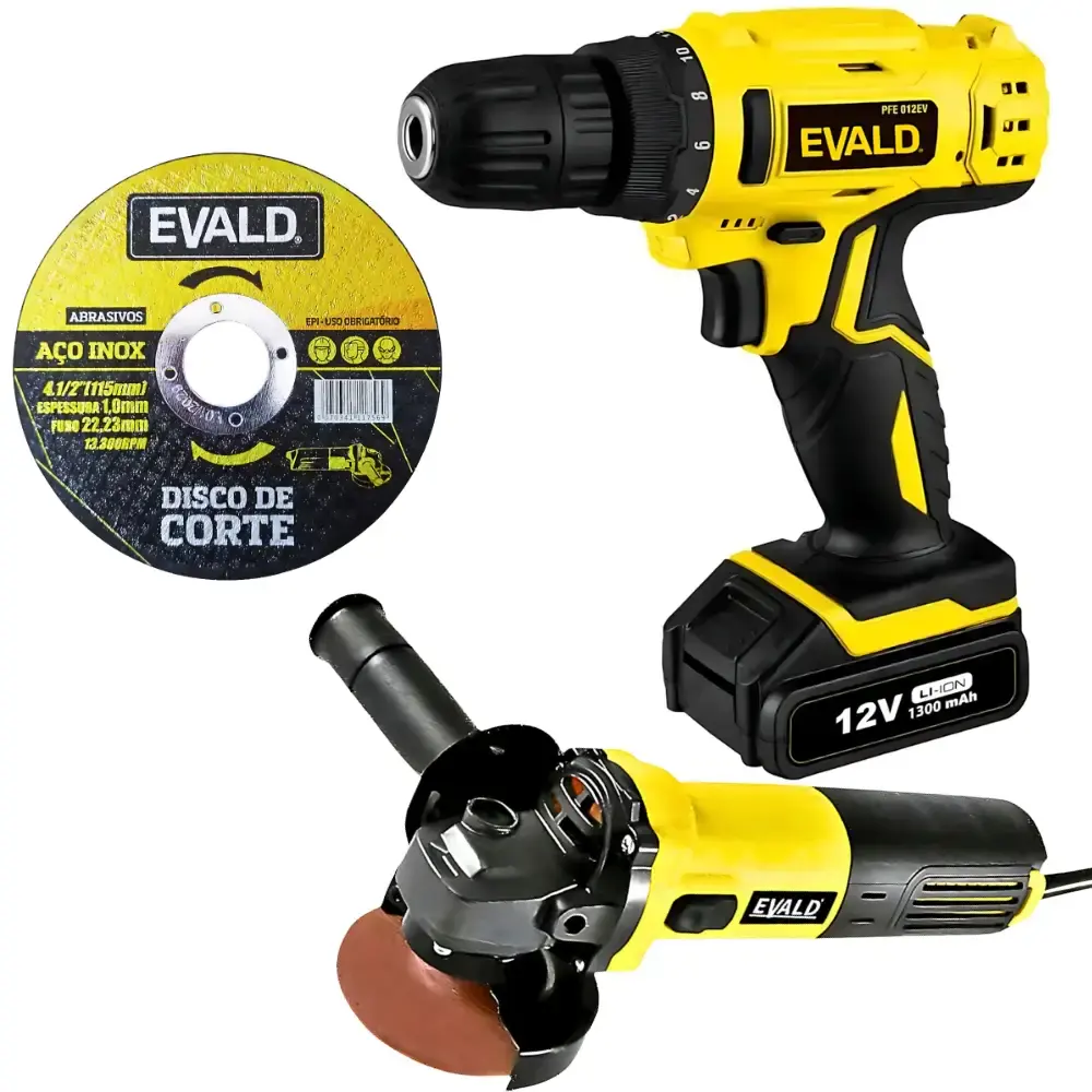 Parafusadeira e furadeira 12V bivolt + esmerilhadeira angular e disco de corte 4.1/2 POL Evald — fotografia de referência