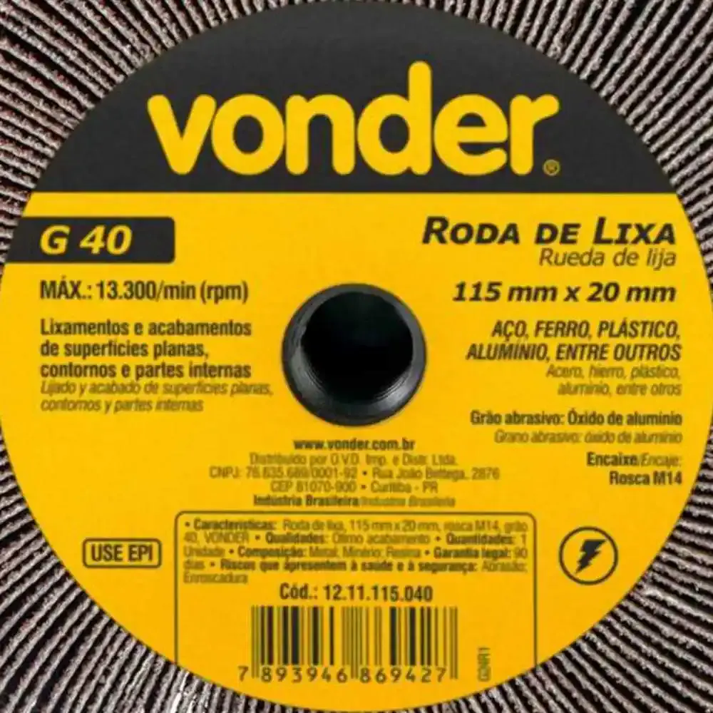 Roda de Lixa 115mm x 20mm M14 Grão 40 VONDER — fotografia 2