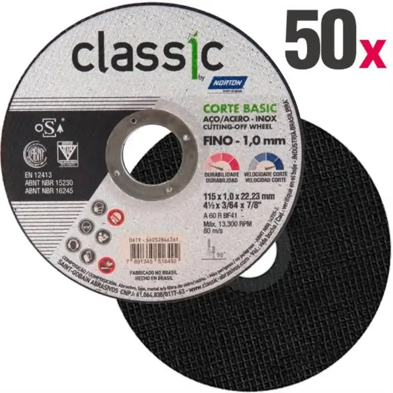 Disco de Corte 4.1/2 POL x 1.0 MM Aço Inox Classic Corte Basic Kit 50 Peças NORTON — fotografia de referência