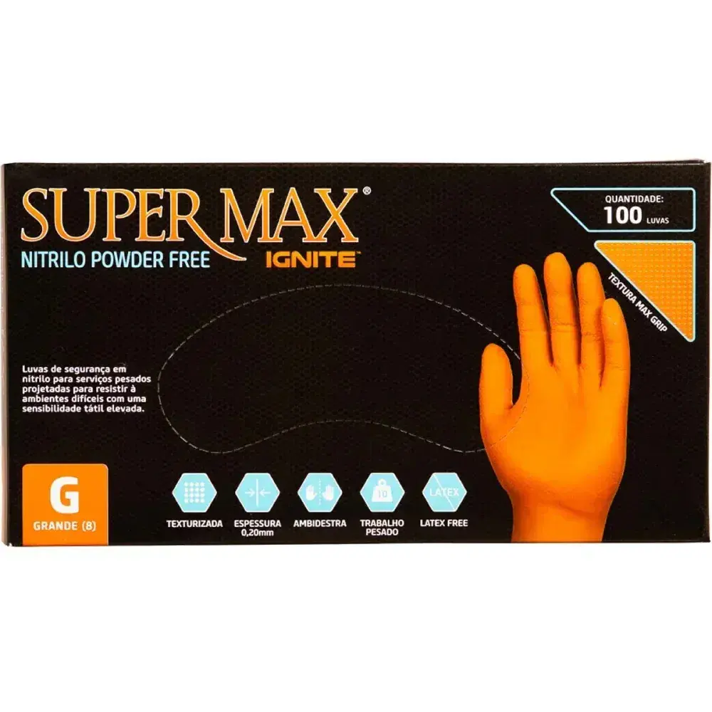 Luva nitrílica maxgrip laranja g com 100 peç Supermax — fotografia 6