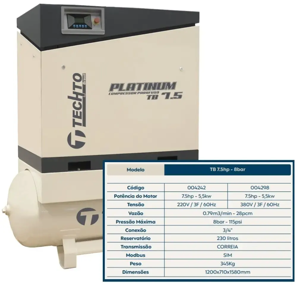 Compressor de parafuso platinum 7,5HP 8BAR 220V TB7,5 techto — fotografia 5