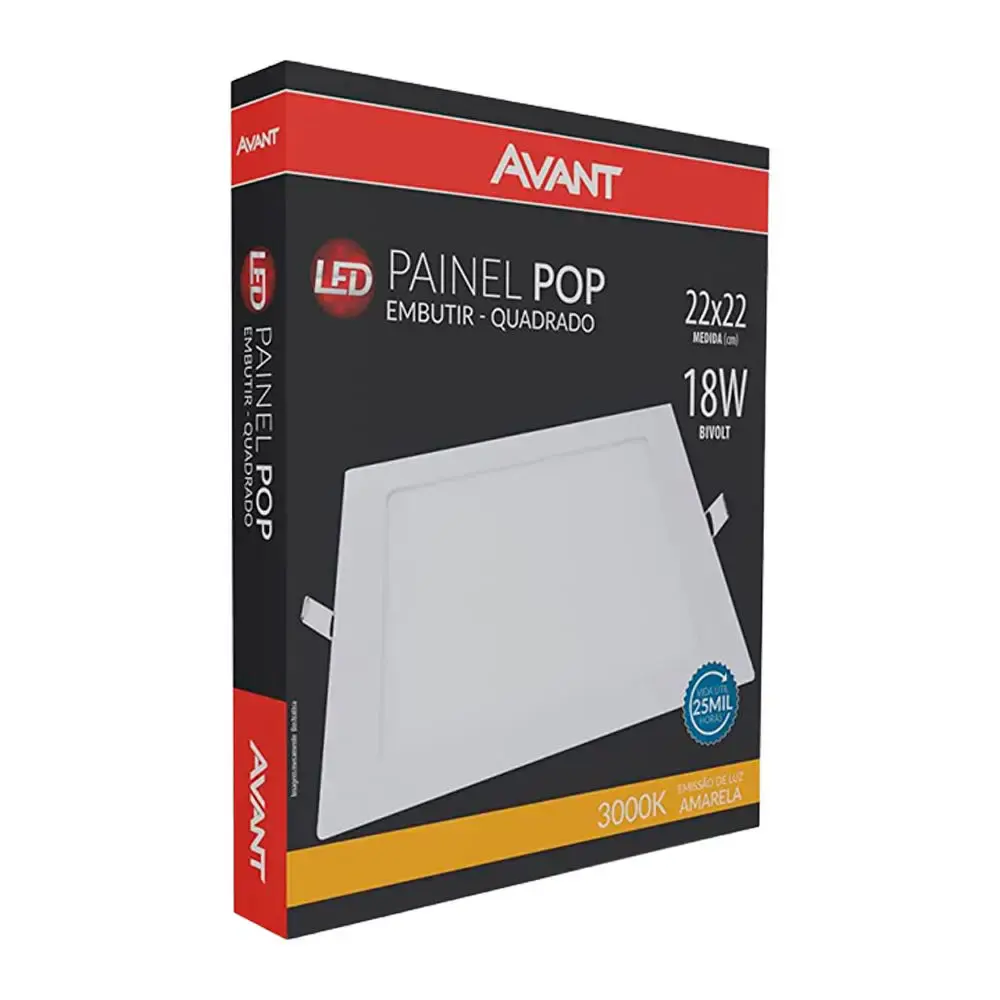 Kit 2 unidades plafon led 3000K quadrado 18W painel embutir slim Avant — fotografia 2