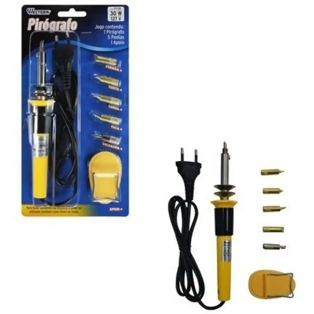 Pirógrafo e ferro de solda 30W gravação em madeira kit com 5 pontas PI-06 Western 220 V — fotografia 6