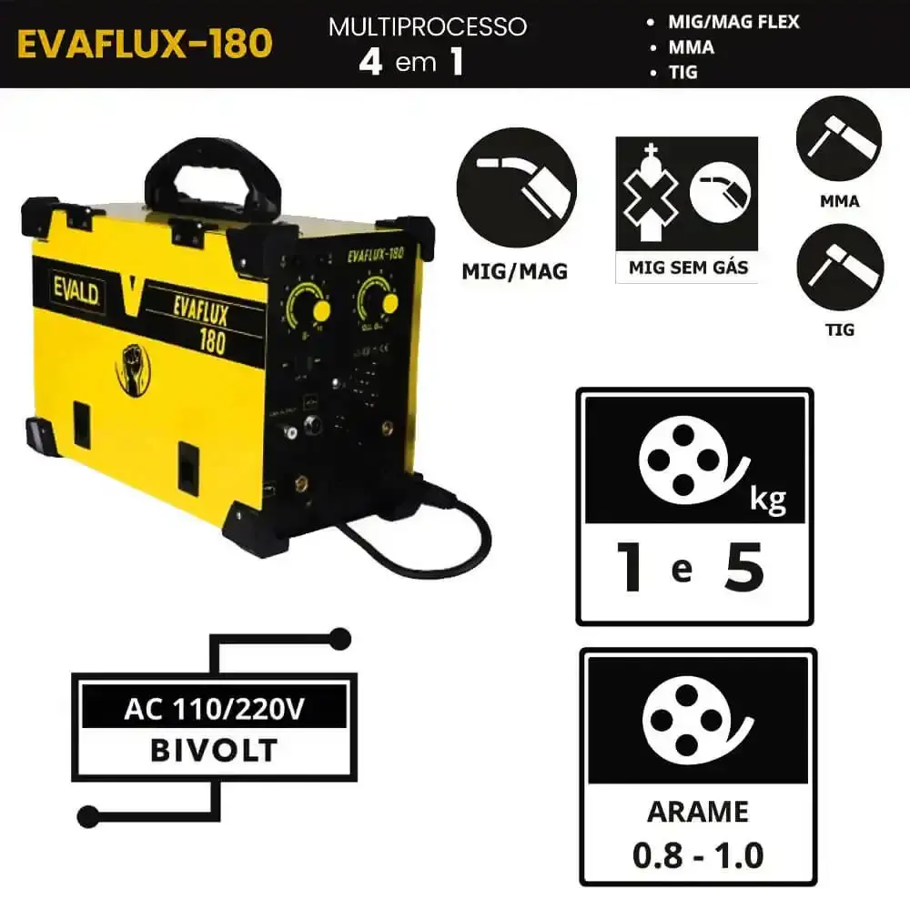Máquina solda multiprocesso MIG flex TIG e eletrodo EVAFLUX-180 bivolt Evald — fotografia 6