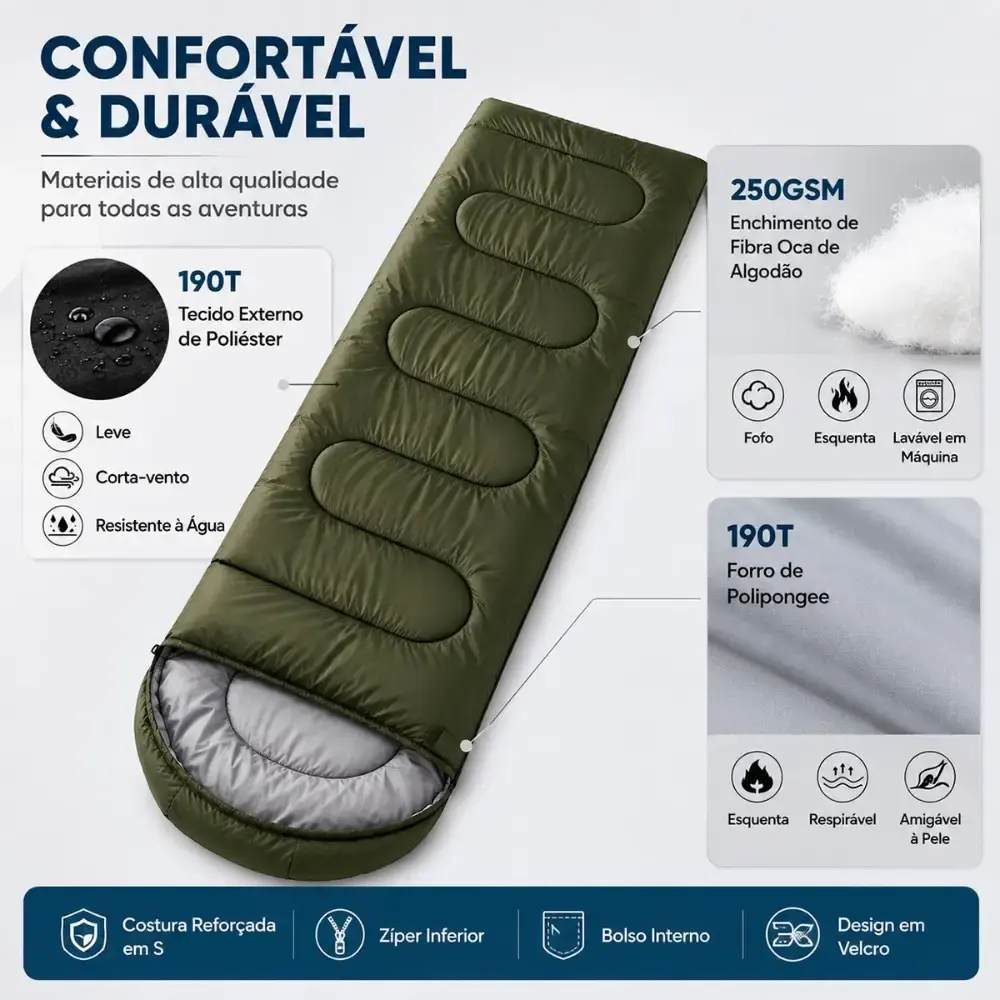 Saco de Dormir Camping Pesca Impermeável Confortável 2,10 x 72 CM c/ Capuz e Bolsa ZELT Preto — fotografia 3