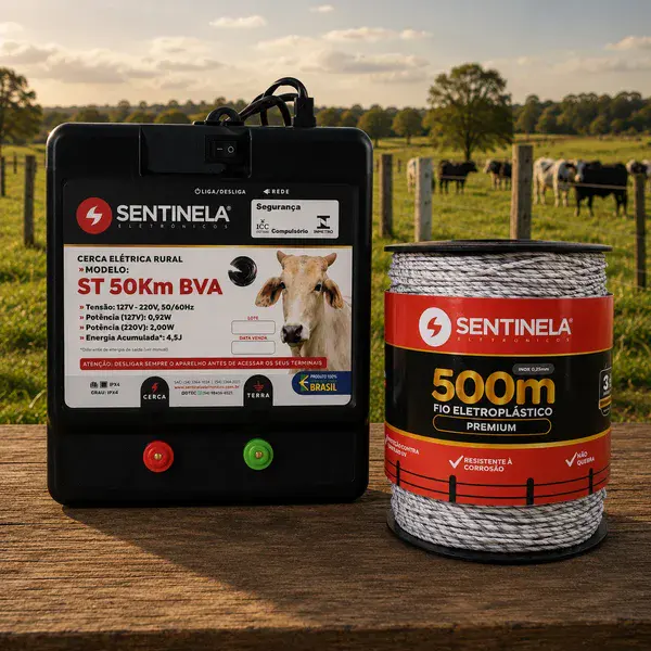 Kit eletrificador de cerca ST 50KM + 500M de fio eletroplastico premium Sentinela — fotografia de referência