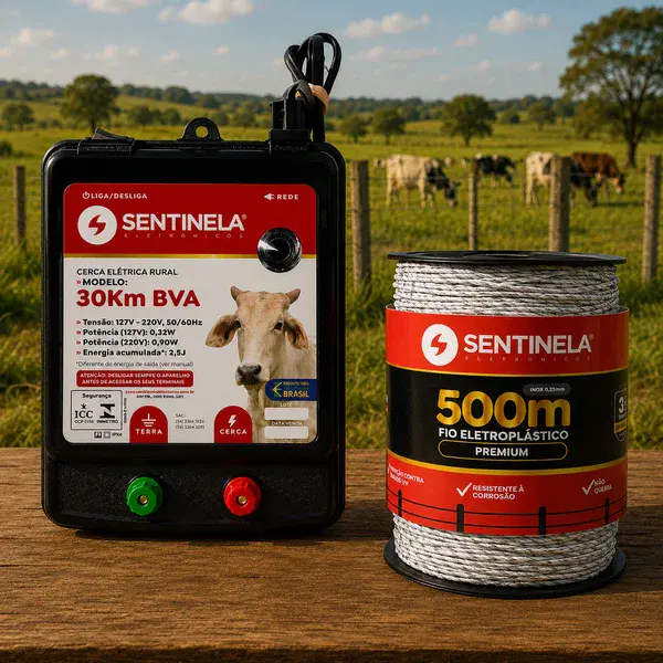 Kit eletrificador de cerca 30KM + 500M de fio eletroplastico premium Sentinela — fotografia de referência