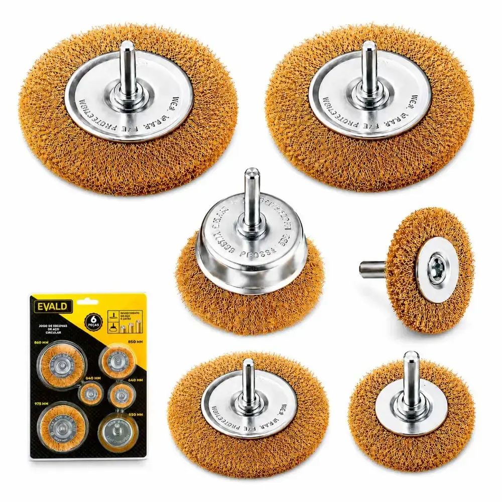 Jogo de Escovas de Aço Circular Kit 6 Peças 40-75 MM Haste 25 MM p/ Furadeira Parafusadeira EVALD — fotografia de referência