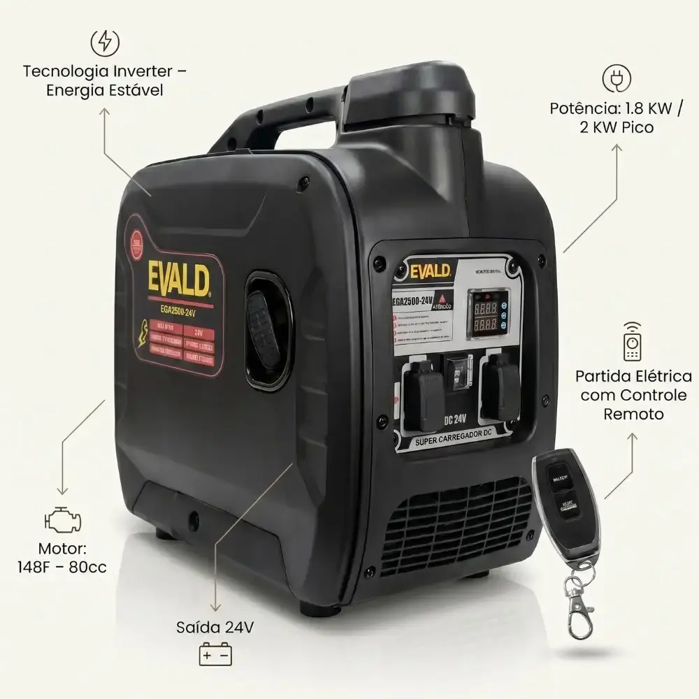 Gerador a gasolina automotivo para baterias 24V inteligente caminhão motorhome EGA2500-24V Evald — fotografia 2
