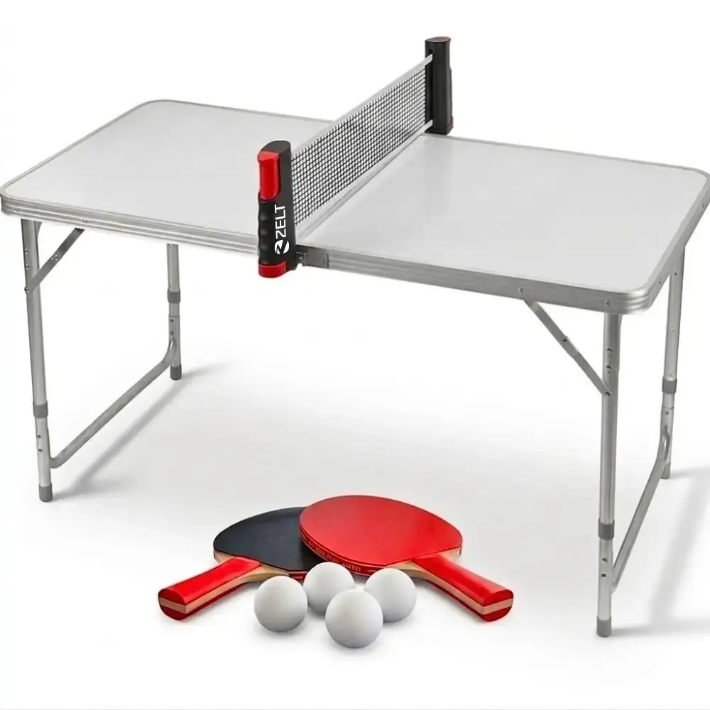 Mesa Dobrável em Alumínio Vira Maleta Camping 120cm x 60cm com Kit Ping Pong ZELT