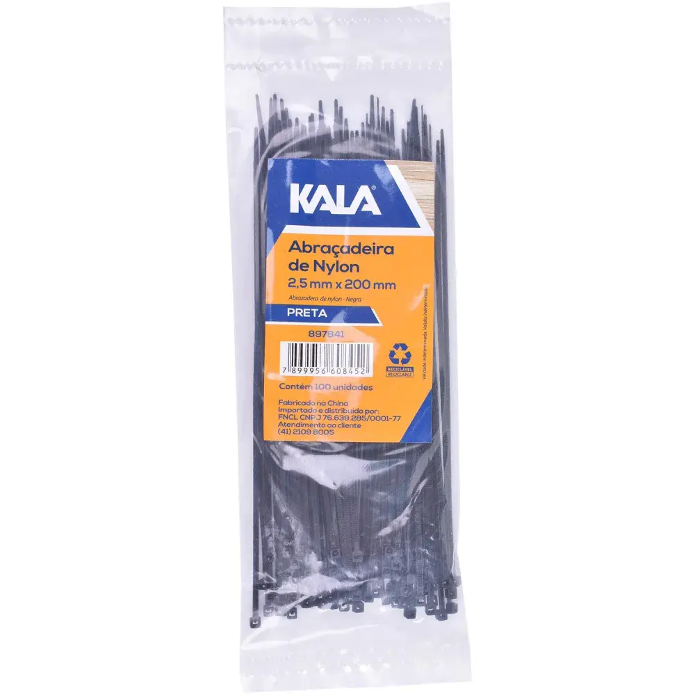 Abraçadeira nylon 2,5MM x 200MM preta Kala 100 peç