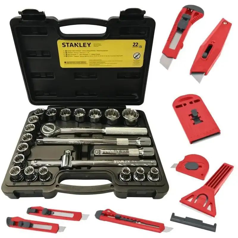 Jogo de soquetes 1/2 POL de 8 a 32 MM com 22 peças STMT81242-840 Stanley + kit de estiletes — fotografia de referência