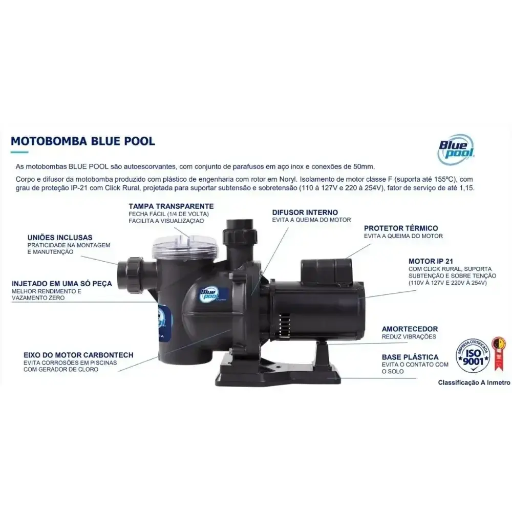 Bomba para piscina 1/2CV 32.000 litros com balde de cloro 7,5 KG Bluepool — fotografia 5