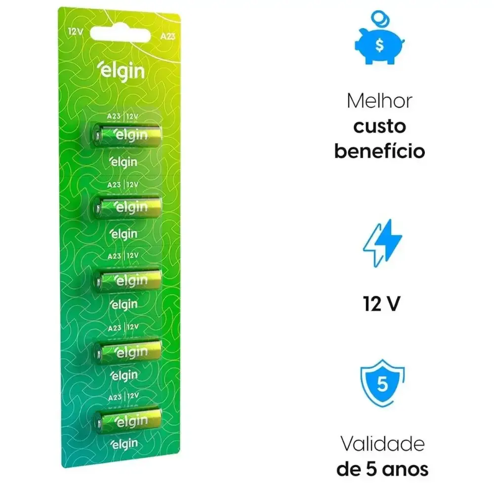 Bateria alcalina A23 12V tipo palito Elgin — fotografia 6