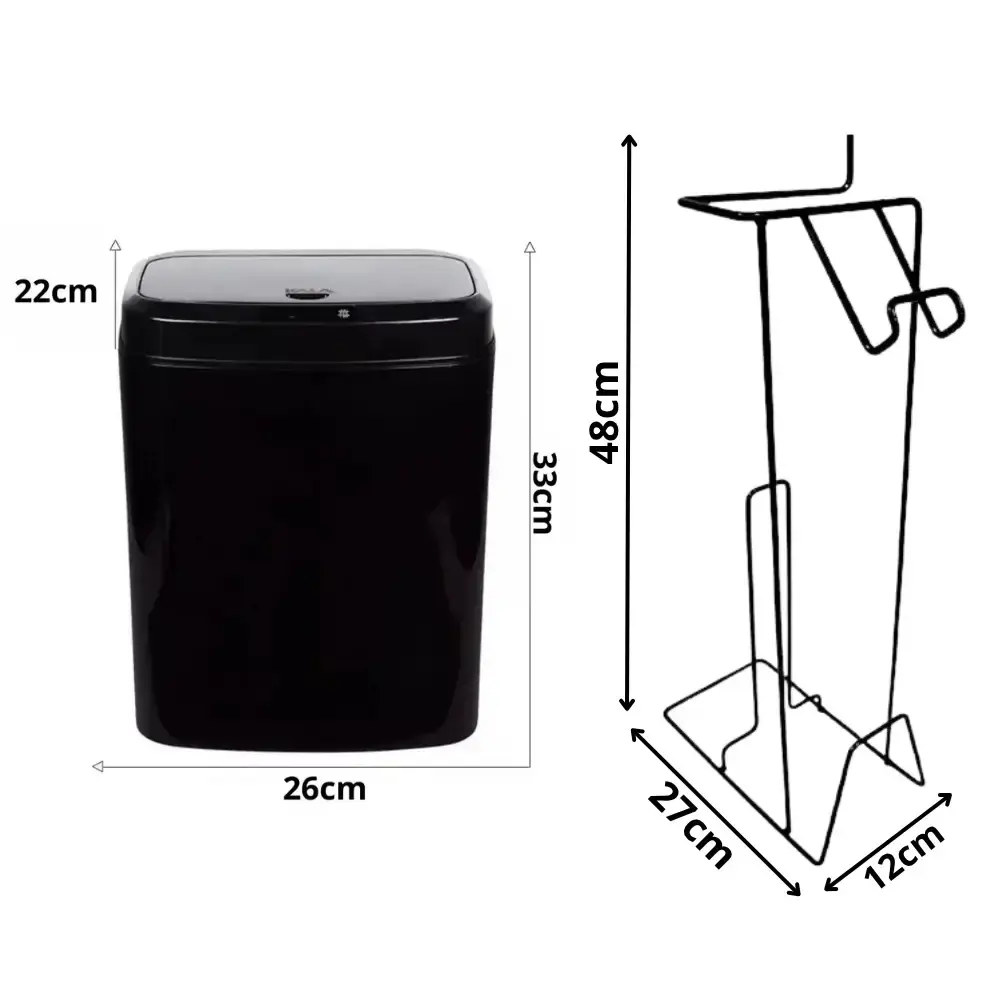 Lixeira automática preta 16 litros USB Kala com suporte para papel higiênico 3 rolos preto evald — fotografia 3