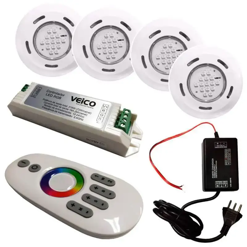 Kit iluminação para piscinas com 4 refletores. controlador RGB touchscreen LED e fonte Fluidra — fotografia de referência