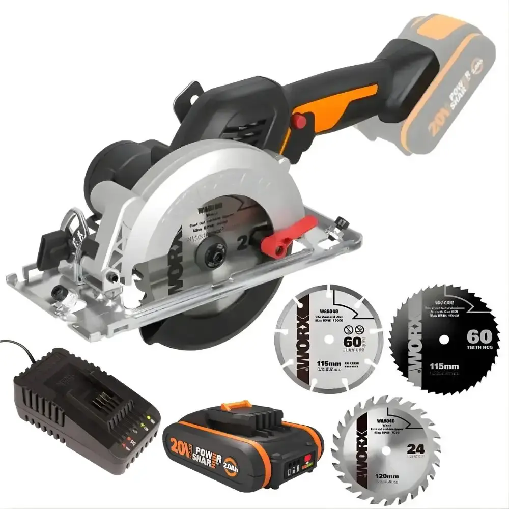 Serra circular 120MM com 3 discos bateria 20V 2,0AH e carregador 16-20V bivolt worx Positec — fotografia de referência