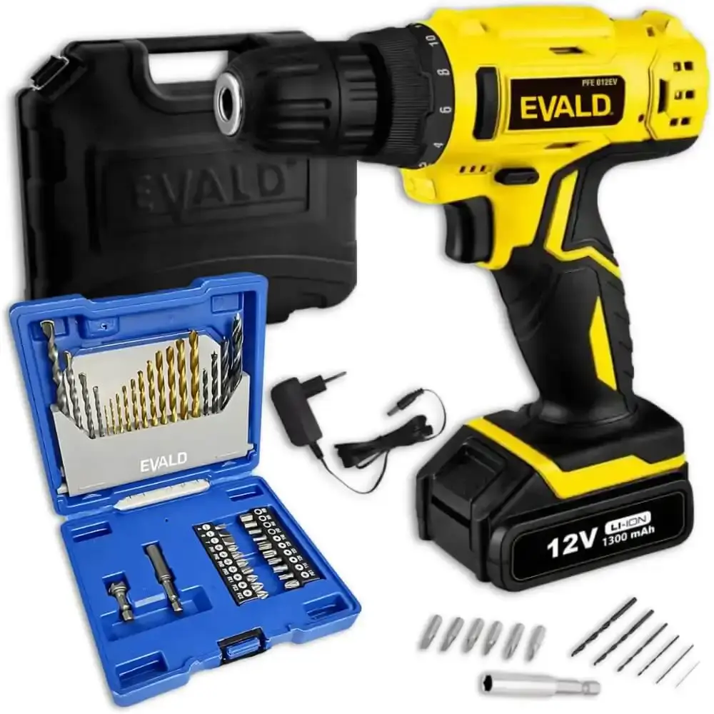 Parafusadeira a bateria 12V bivolt PFE-12EV com maleta e kit brocas 41 pçs EV-EBB41 Evald