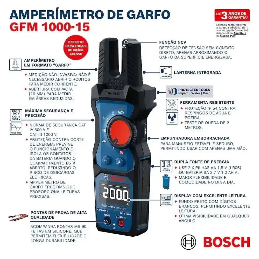 Alicate amperímetro digital garfo 1000V GFM 1000-15 Bosch — fotografia 10