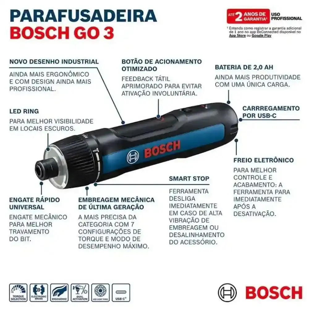 Parafusadeira a bateria 3,6V 1/4 POL GO-3 com estojo de brocas 33 peças Bosch — fotografia 8
