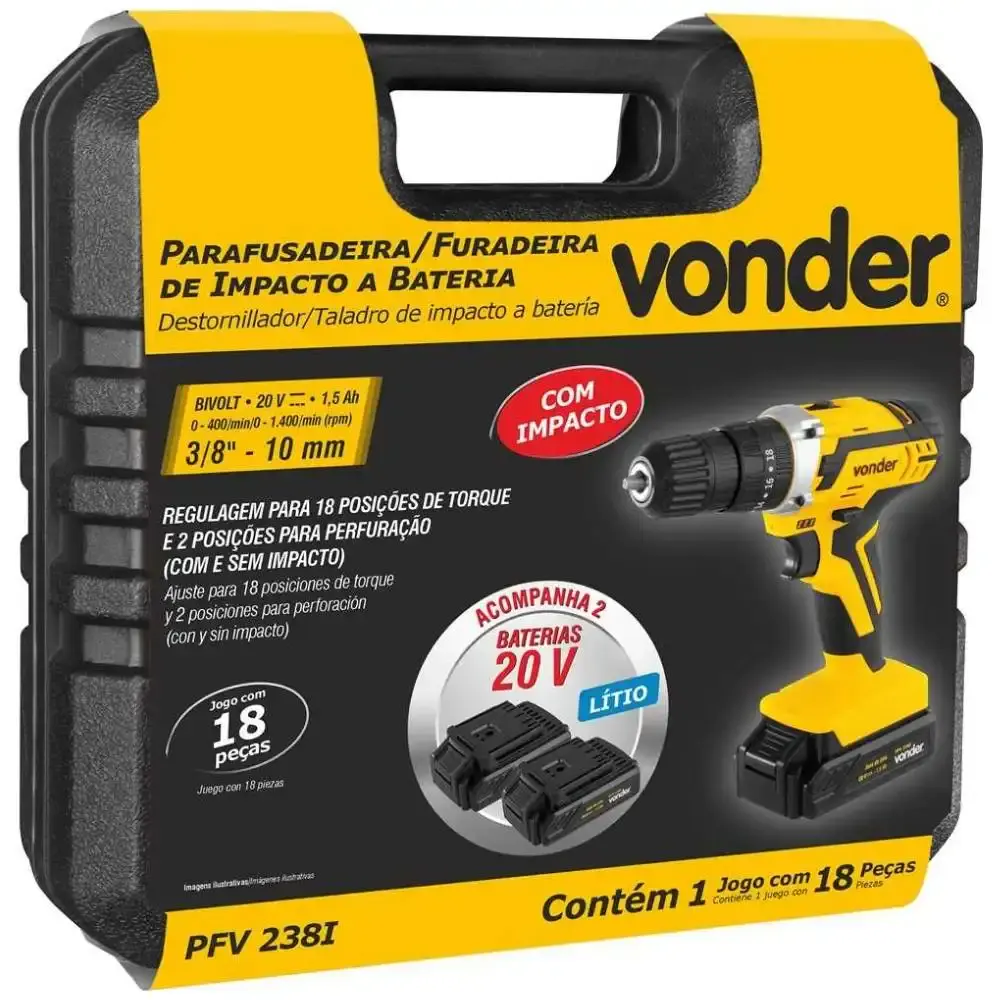 Parafusadeira de impacto 20V com 2 baterias e kit brocas 18 peças Vonder — fotografia 4