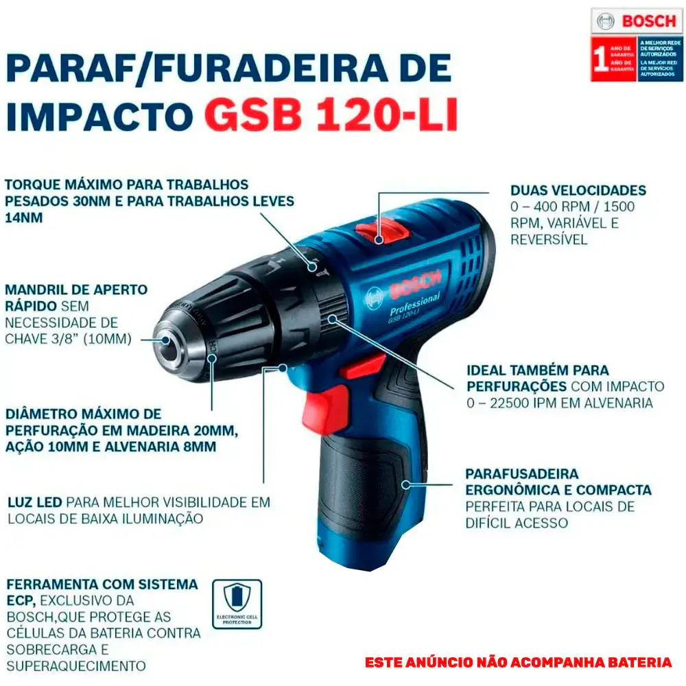 Parafusadeira furadeira à bateria 12V GSB 120-LI com impacto sem bateria e sem carregador Bosch — fotografia 4