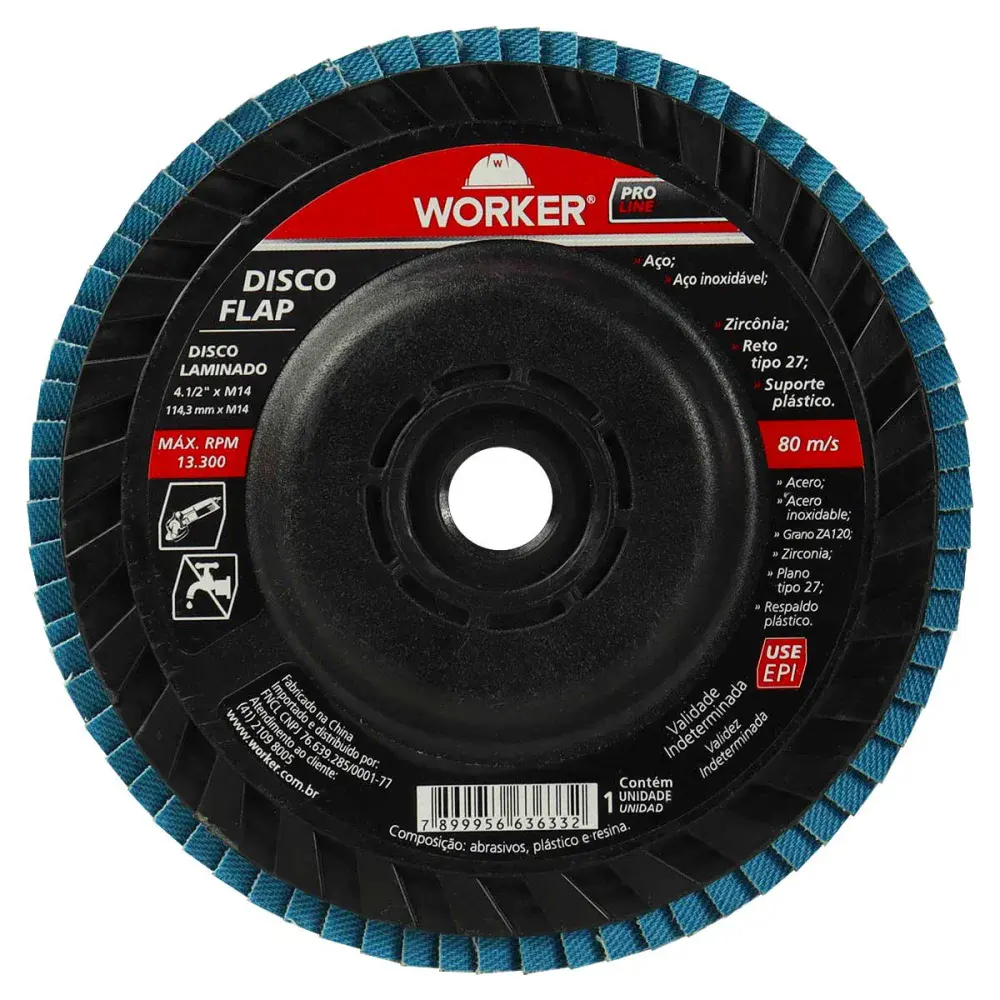 Disco flap de rosca M14 inox G80 reto 4.1/2”- 114,3MM Worker