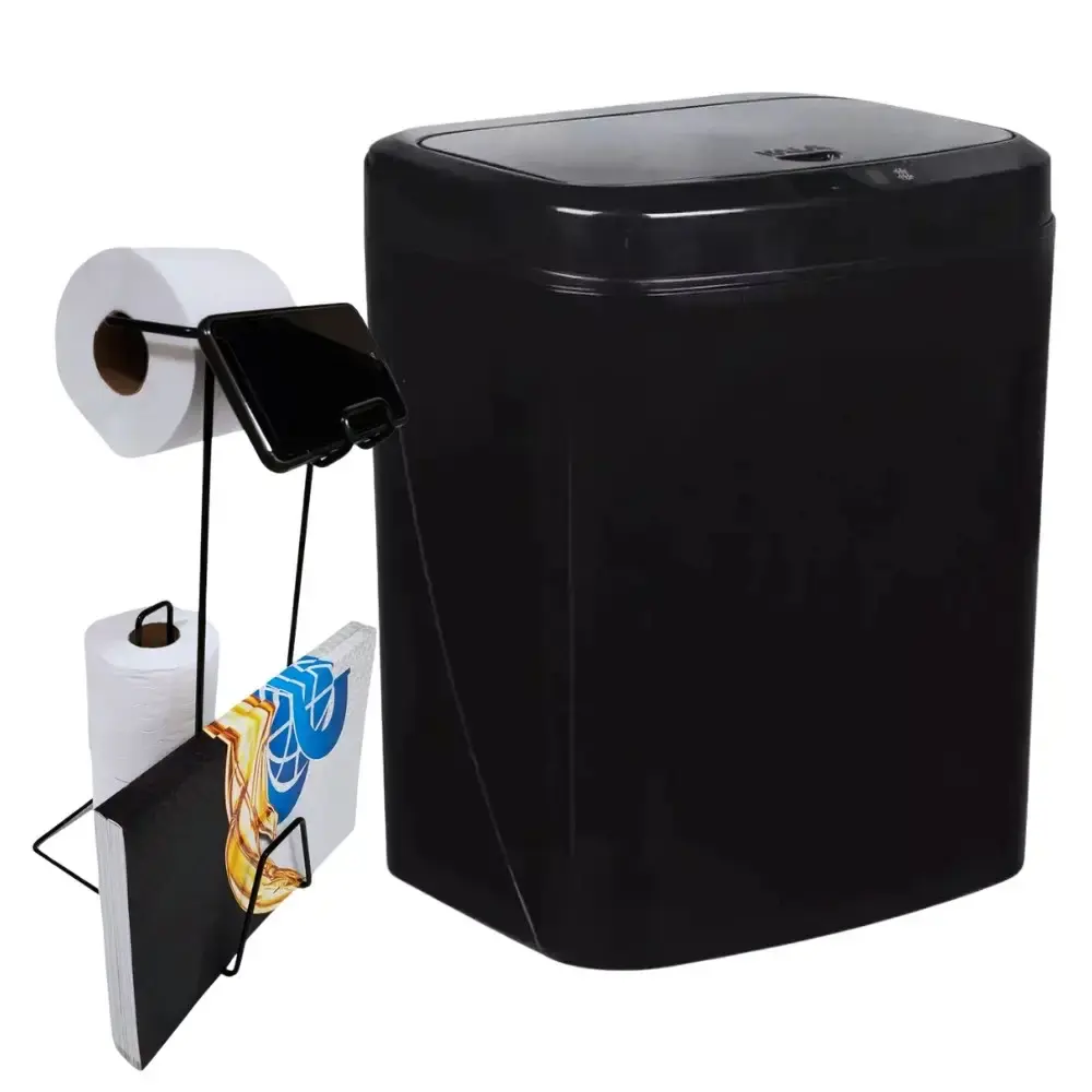 Lixeira automática preta 16 litros USB Kala com suporte para papel higiênico 3 rolos preto evald — fotografia de referência