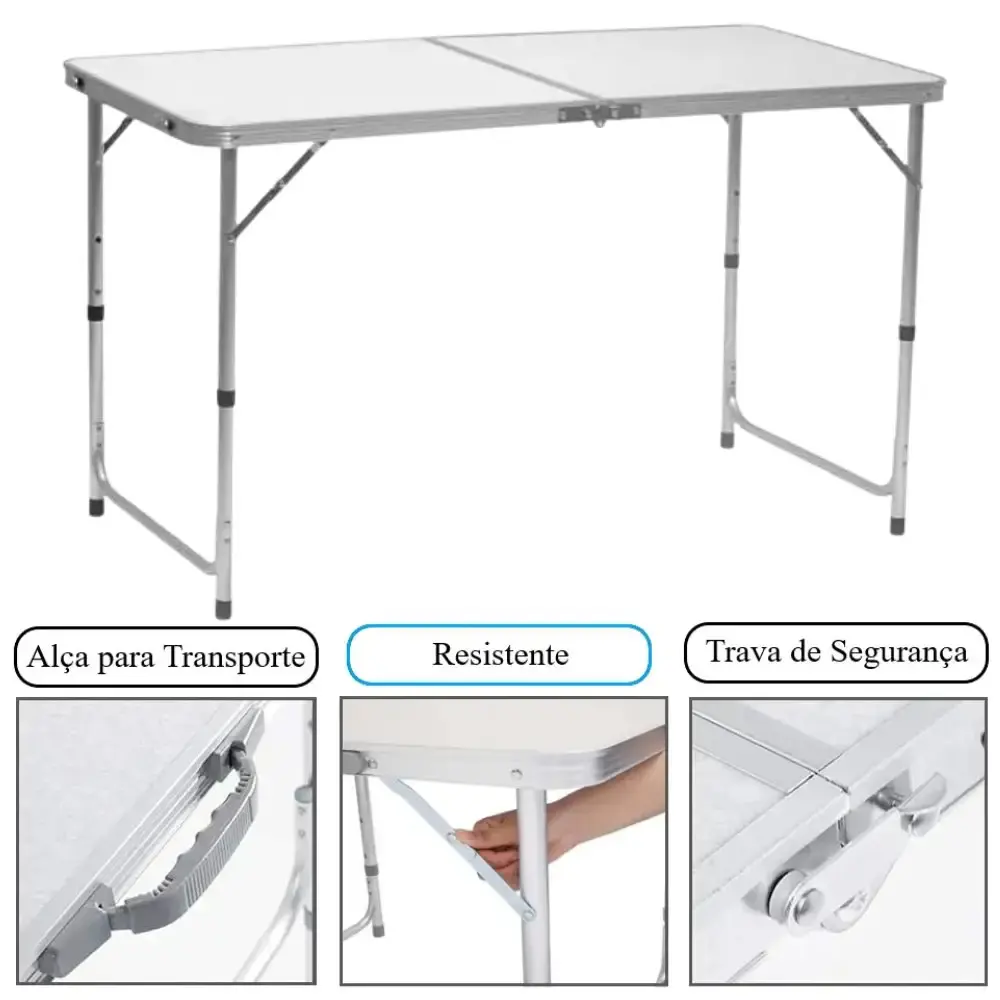 Mesa dobrável vira maleta camping de alumínio 120CM x 60CM branca 3 níveis de altura Zelt — fotografia 4