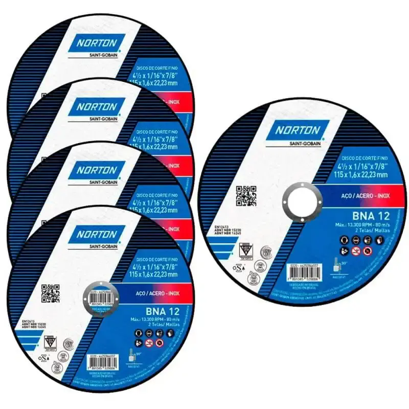 Disco de Corte Inox 4.1/2 Pol x 1.66MM Kit Com 5 Unidades BNA 12 NORTON — fotografia de referência
