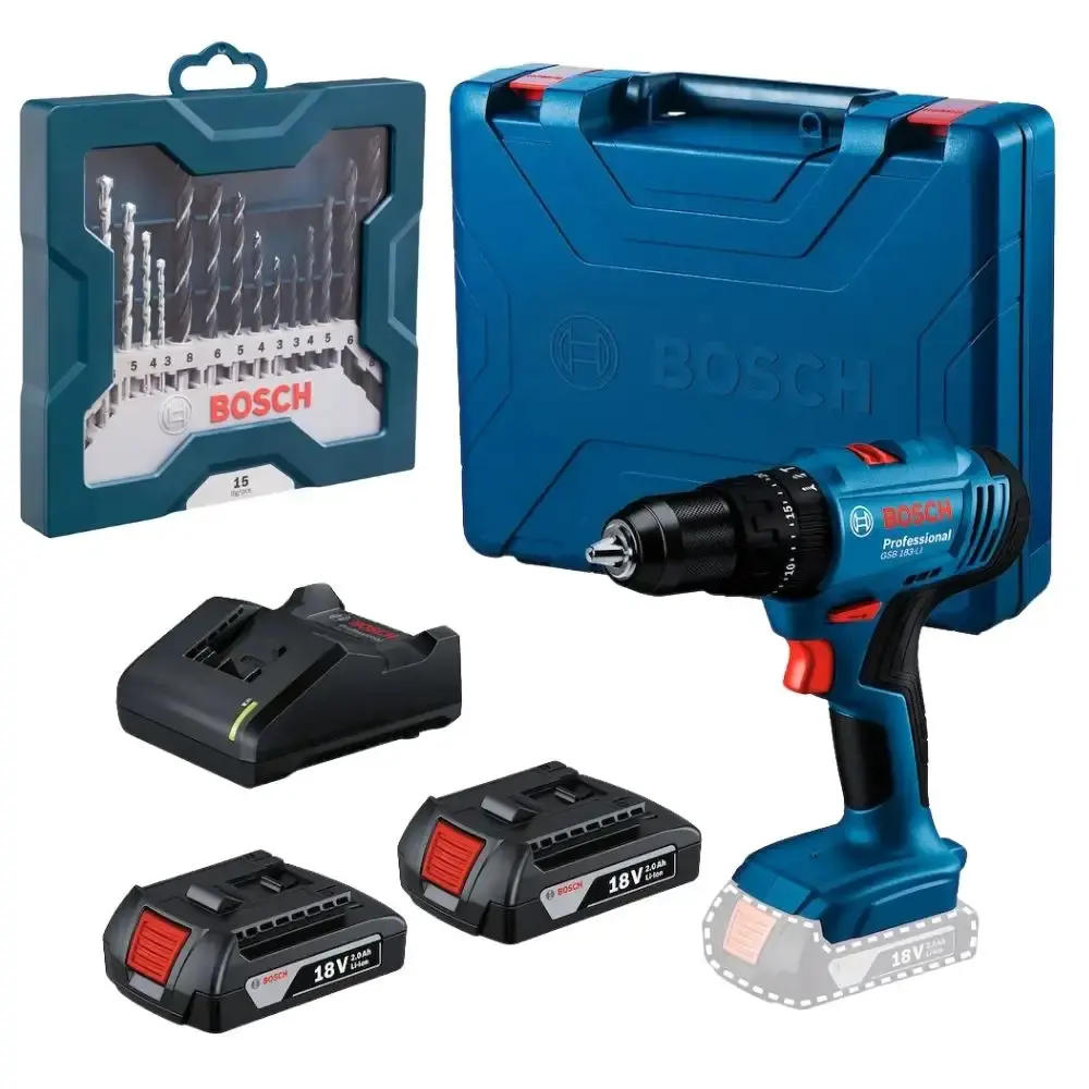 Parafusadeira furadeira impacto 2 baterias e carregador GSB183-LI com estojo 15 peças mini x-line Bosch — fotografia de referência