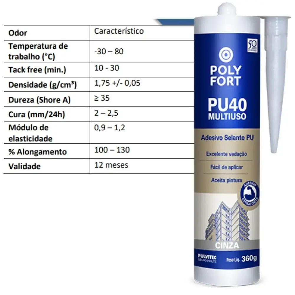 Adesivo selante multiuso PU40 cinza 360G Pulvitec — fotografia 4
