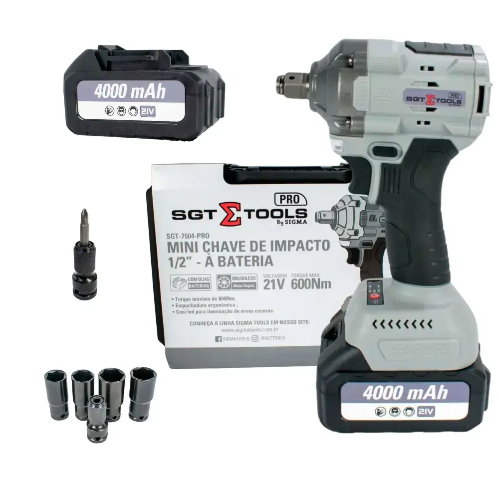 Chave de impacto 21V 1/2" 600NM mini com 2 baterias brushless SGT-7504 Sigma