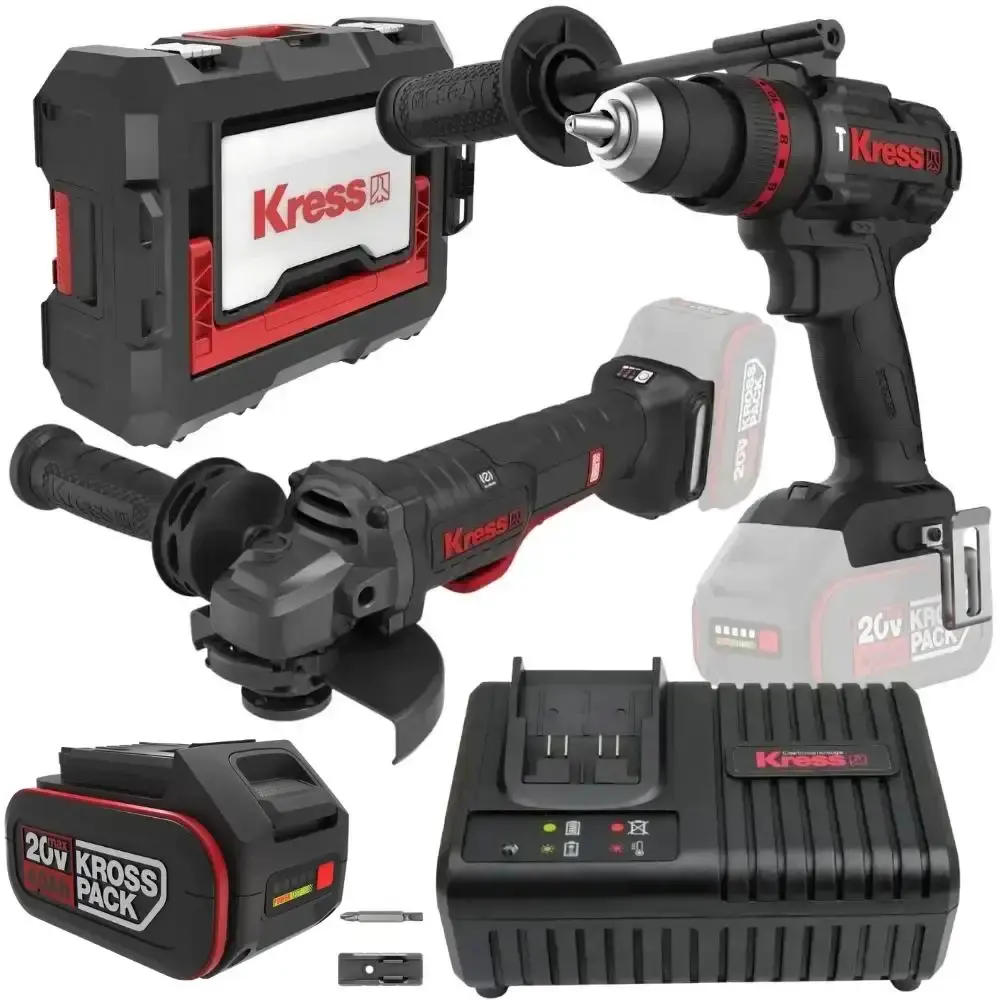 Parafusadeira de impacto 1/2POL 95NM e esmerilhadeira angular 5POL com carregador e bateria 20V 4.0AH Kress — fotografia de referência