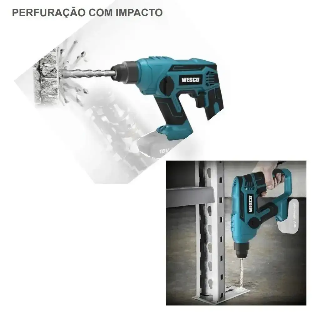 Parafusadeira 1/2 POL e martelete rotativo perfurador com bateria 18V e carregador Wesco — fotografia 4