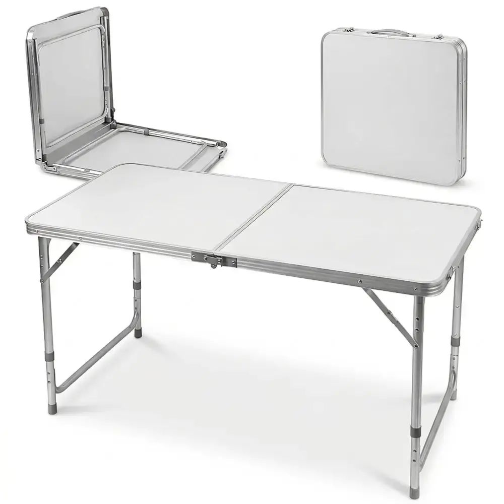 Mesa dobrável vira maleta camping de alumínio 120CM x 60CM branca 3 níveis de altura Zelt — fotografia de referência