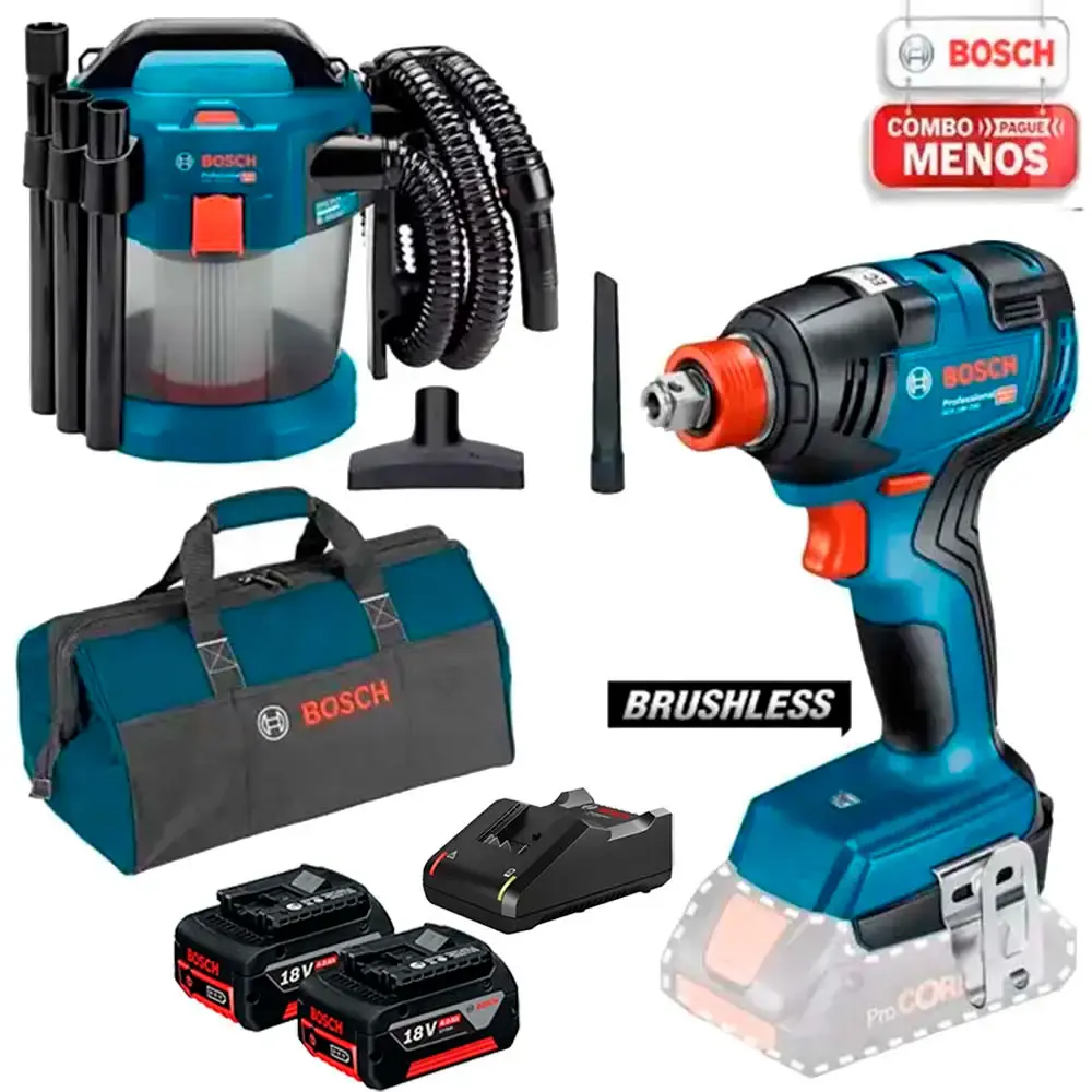 Chave de impacto 18V brushless 2 em 1 GDX18V-200 + aspirador pó e líquido 10L GAS 18V-10 Bosch — fotografia de referência