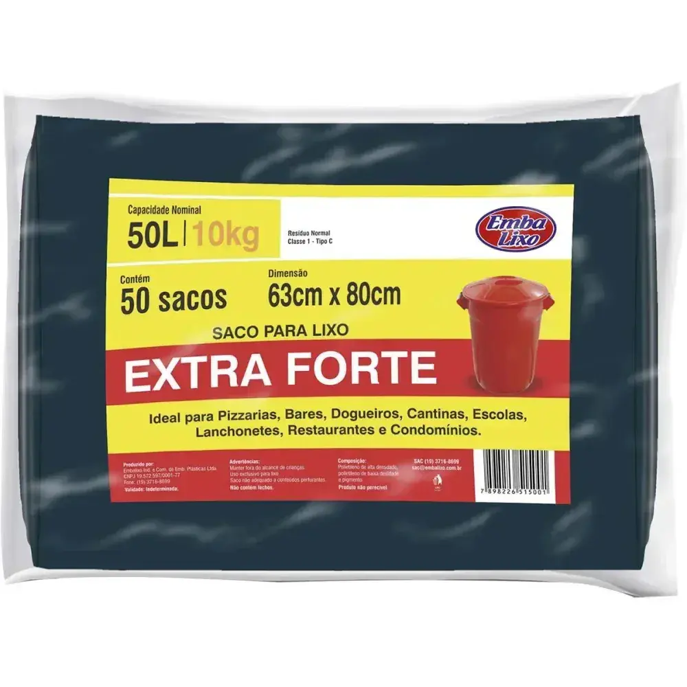 Saco de lixo extra forte rolo 50L preto 50 peç Embalixo — fotografia 2