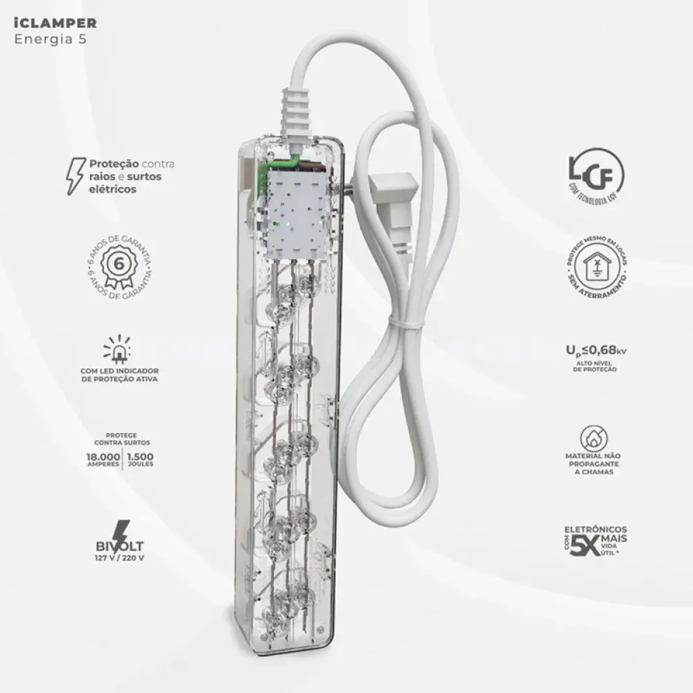 Filtro de linha dps CL3 5 tomadas 2P+T 10A transparente Clamper — fotografia 2