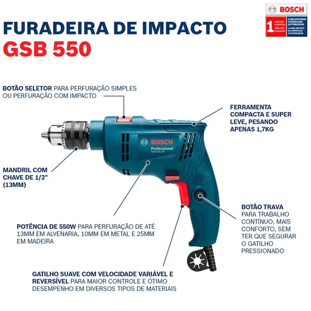 Furadeira impacto 1/2 POL 550W GSB 550 RE e kit brocas e pontas bits 41 peças Bosch 110 V — fotografia 8