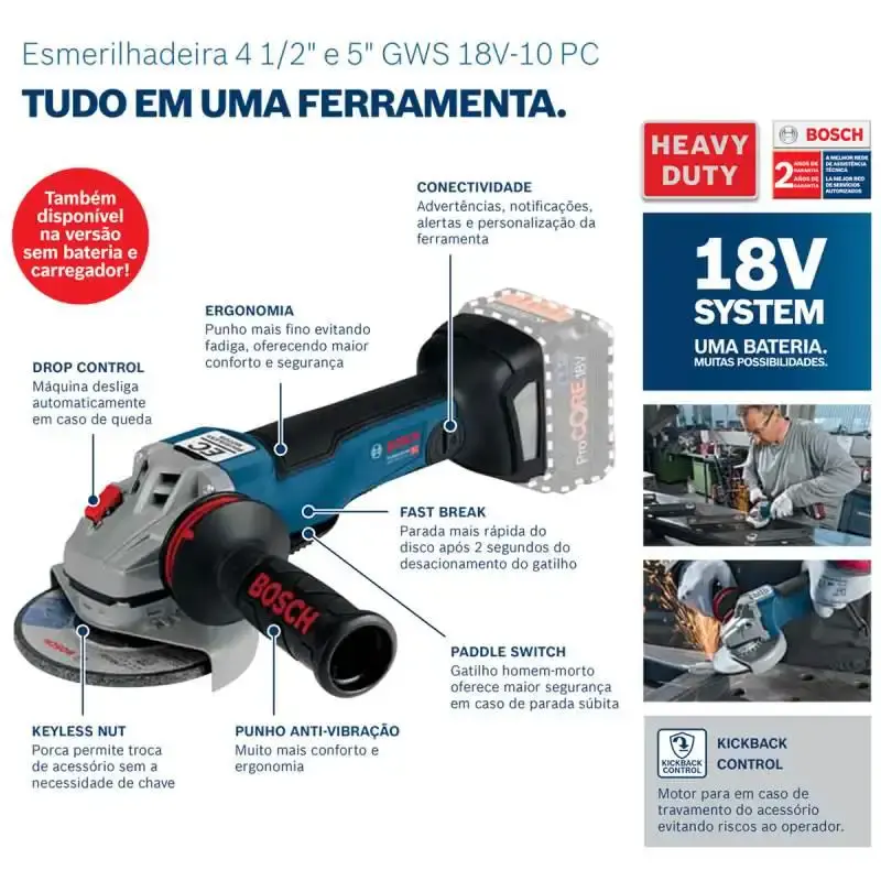 Esmerilhadeira Angular 18V 4.1/2 POl GWS 18V-10 PC s/ Bateria e Carregador BOSCH — fotografia 4