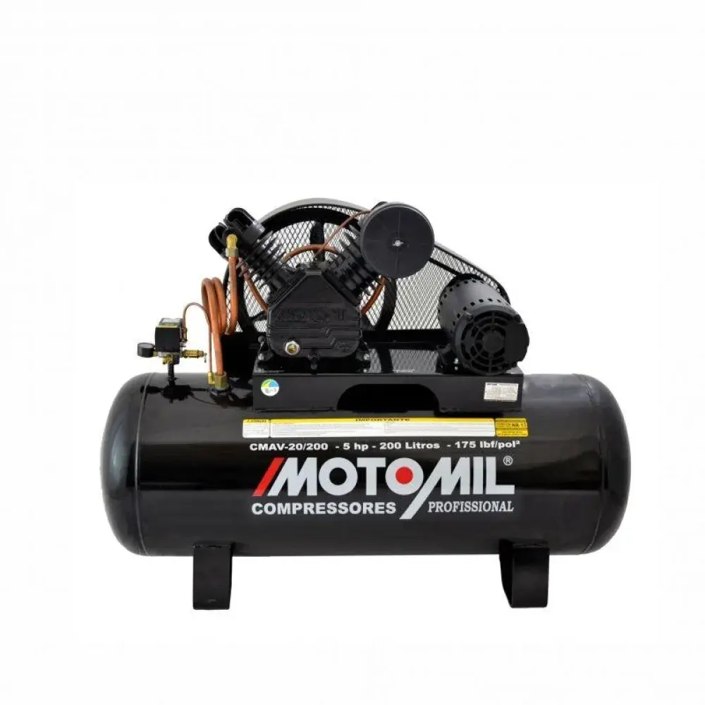 Compressor de ar profissional CMAV-20/200 5HP 200L 220/380V trifásico MotoMil — fotografia de referência