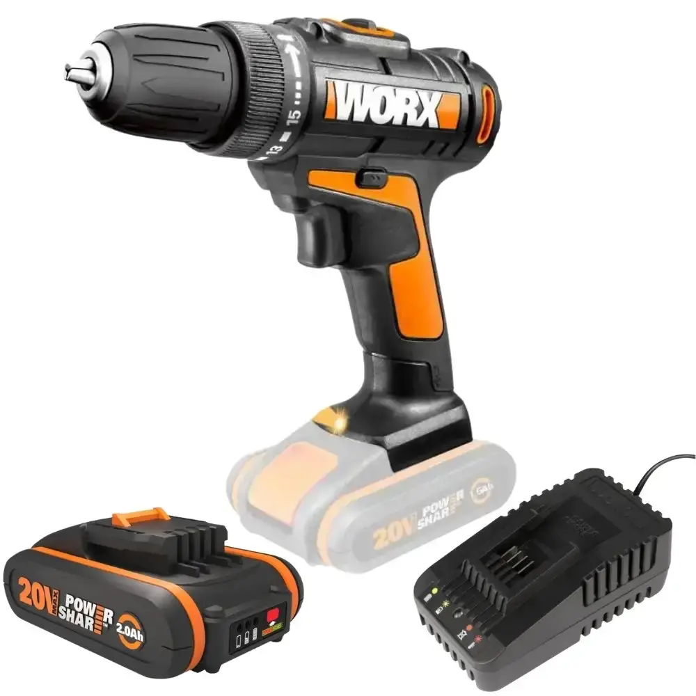 Parafusadeira e furadeira 30NM com bateria 20V 2,0AH e carregador bivolt worx Positec — fotografia de referência
