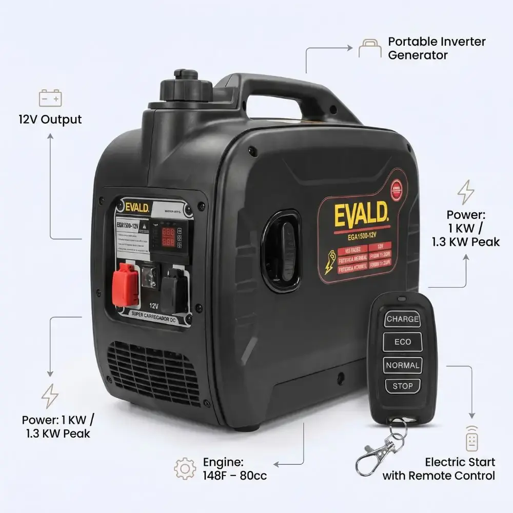 Gerador a gasolina automotivo para baterias 12V inteligente motorhome EGA1500-12V Evald — fotografia 2