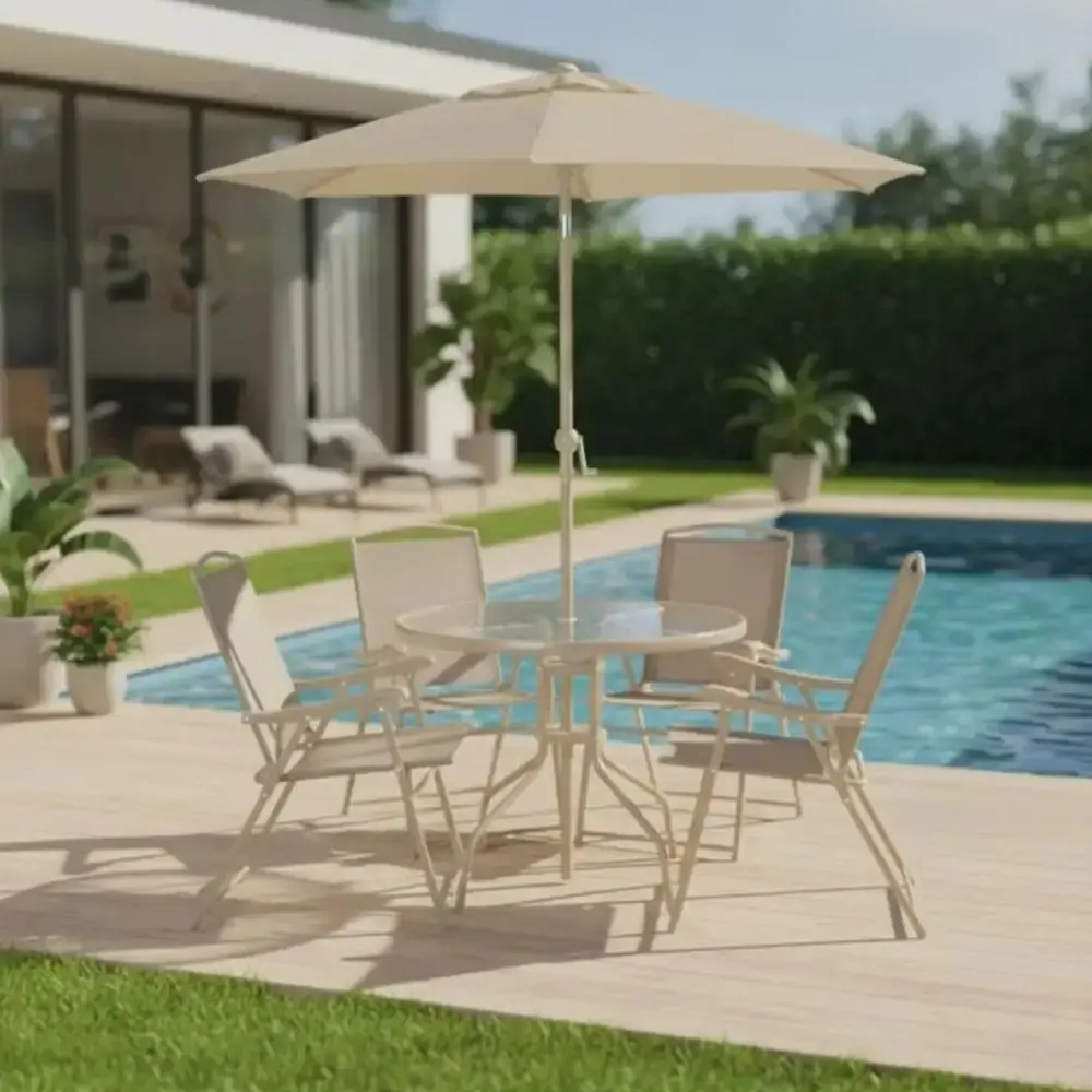 Conjunto de mesa e cadeira e guarda sol para jardim em aço bege malibu Mor — fotografia 10