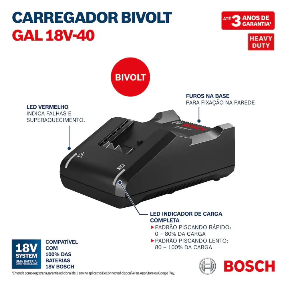 Carregador de baterias rápido GAL 18V-40 bivolt 18V 4AH Bosch — fotografia 6
