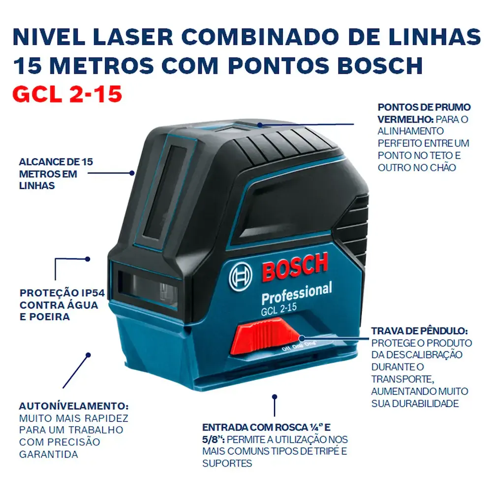 Nível a laser 15 metros com prumo e suporte GCL 2-15 Bosch — fotografia 11