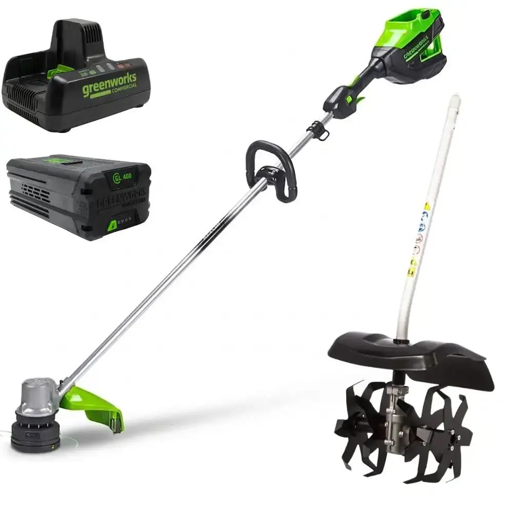 Roçadeira 82V com enxada rotativa + bateria 4,0AH + carregador bivolt Greenworks — fotografia de referência